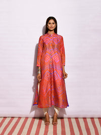 Scarlet Orange Purple Ripple Shibori Silk Kurta
