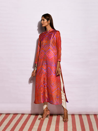 Scarlet Orange Purple Ripple Shibori Silk Kurta