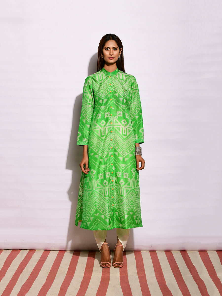 Shot Green Ripple Shibori Silk Kurta