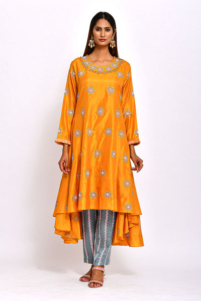 Mustard High Low Embroidered Kurta set
