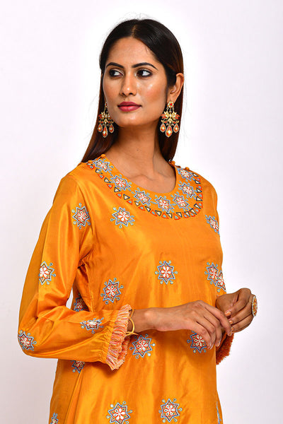 Mustard High Low Embroidered Kurta set