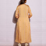 Beige Yellow Striped Embroidered Kurta