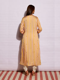 Beige Yellow Striped Embroidered Kurta