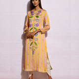 Beige Yellow Striped Embroidered Kurta