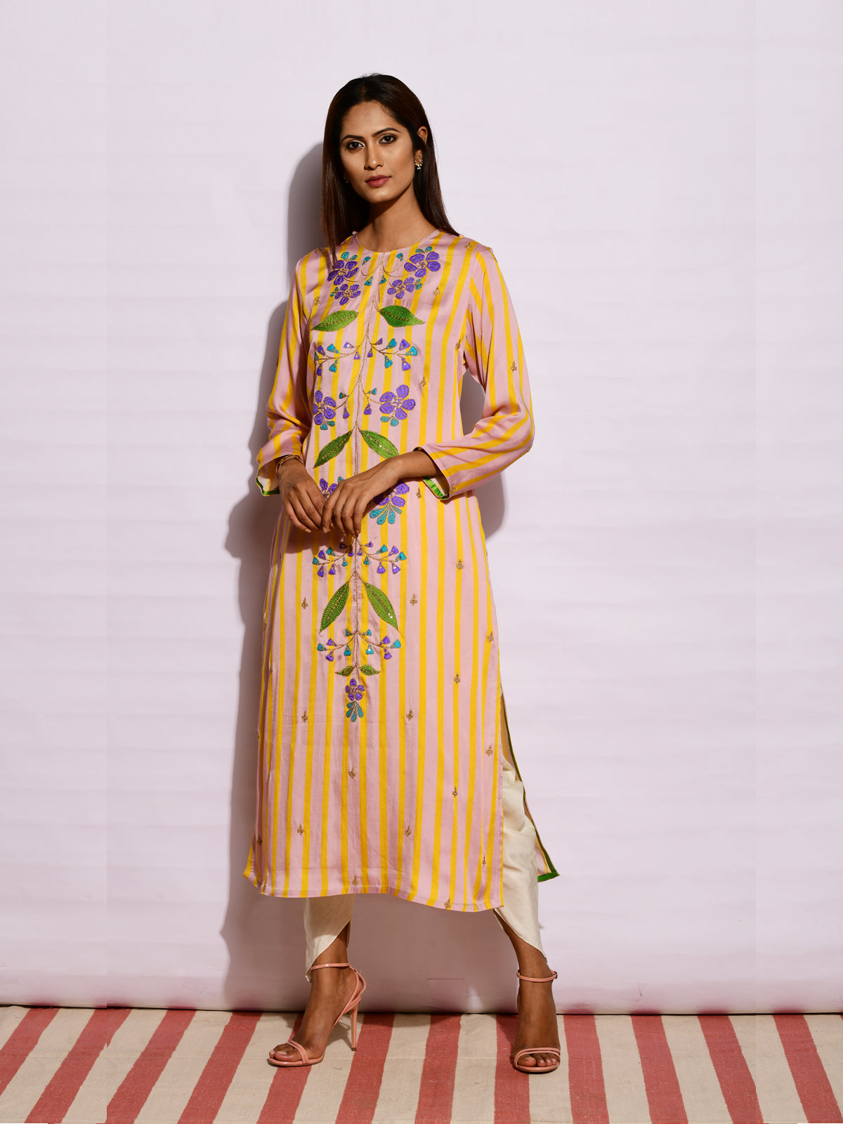 Beige Yellow Striped Embroidered Kurta