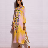 Beige Yellow Striped Embroidered Kurta