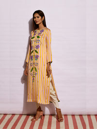 Beige Yellow Striped Embroidered Kurta