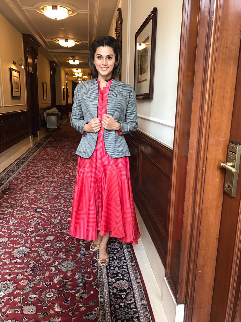 Taapsee Pannu in our Bagh Applique Jacket and Stripe Dress