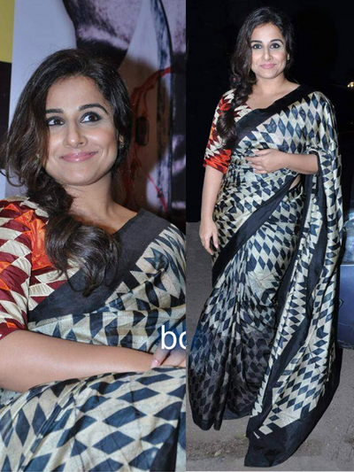 Vidya Balan In Our Beige Black Kilim silk Shibori Saree Set